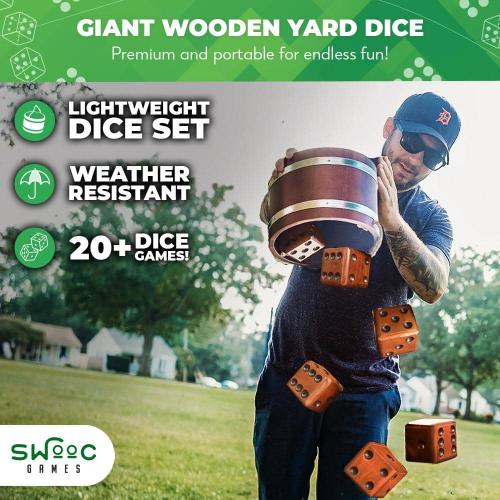 Yardzee, Farkle & 20  Games - Light-Weight Yard Dice Game Set (All Weather) with Wood Bucket, 5 Score Cards, and Marker