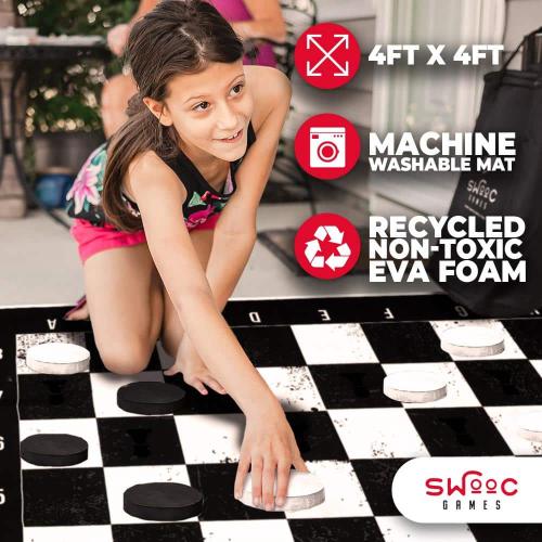 3-in-1 Giant Checkers, Chess, & Chess Tac Toe Game With Mat (4ft x 4ft) - Machine-Washable Canvas & 5 Big Foam Discs