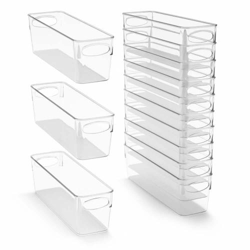Narrow Clear Plastic Storage Bins with Handles for Shelves-10-Pack Organizers and Storage