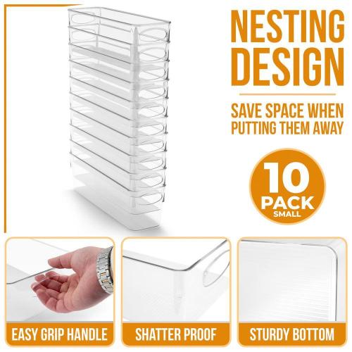 Narrow Clear Plastic Storage Bins with Handles for Shelves-10-Pack Organizers and Storage