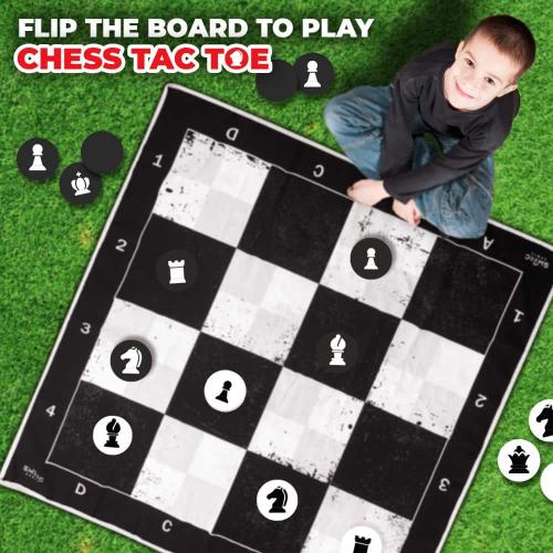 3-in-1 Giant Checkers, Chess, & Chess Tac Toe Game With Mat (4ft x 4ft) - Machine-Washable Canvas & 5 Big Foam Discs