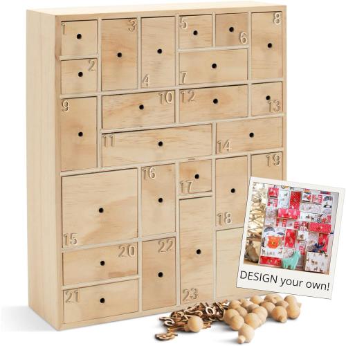 HYGGEHAUS DIY Advent Calendar - Reusable Wooden Advent for Christmas Countdown | Refillable & Empty Advent Boxes to Fill with Number Embellishments | Knobs Detached - Comes Fully Assembled in Gift Box
