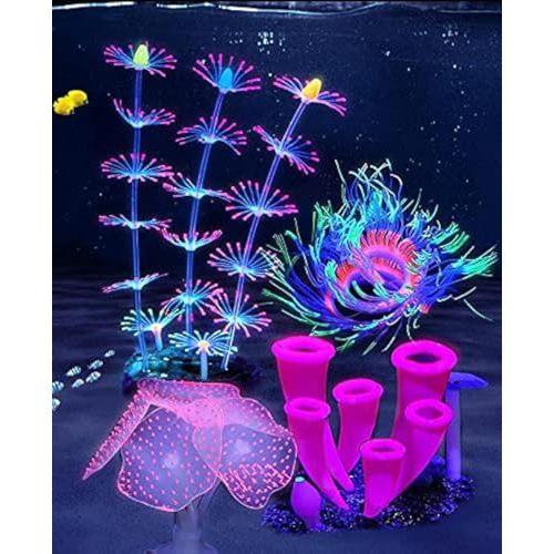 ZtohPyo 4 Pieces Aquarium Fish Tank Decorations with Glowing Effect Silicone Glow Artificial Ornament Coral Reef Plants for Aquarium Decoration Small and Large Fish Bowl Decor Accessories