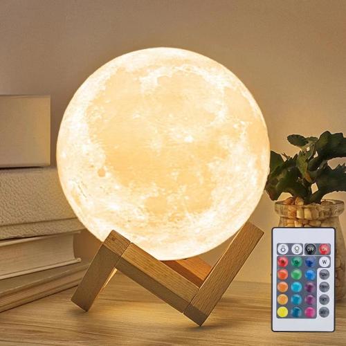 Mydethun 16 Colors LED 3D Moon Lamp with Wooden Stand, 5.9 inches - Valentine's Gfit for Women, LED Night Light Lamp for Kids, Girls, Bedroom, USB Charging, Home Decor with Remote Control 5.9 Inch 16 Colors