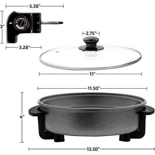 OVENTE 113 Sq. In. Black Electric Skillet with Nonstick Coating, Frying Pan with Tempered Glass Lid