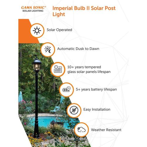 Imperial II Bulb 1-Light Black Outdoor Waterproof Solar Warm White LED Post Light with 3 in. Fitter for Landscape