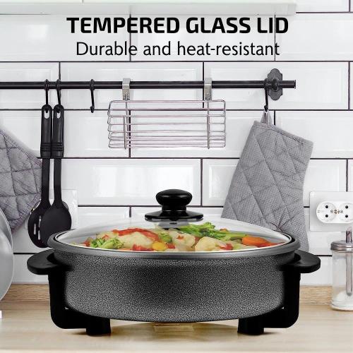 OVENTE 113 Sq. In. Black Electric Skillet with Nonstick Coating, Frying Pan with Tempered Glass Lid