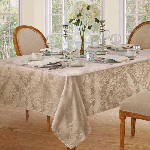 60 in. W x 84 in. L Oblong Beige Barcelona Damask Fabric Tablecloth