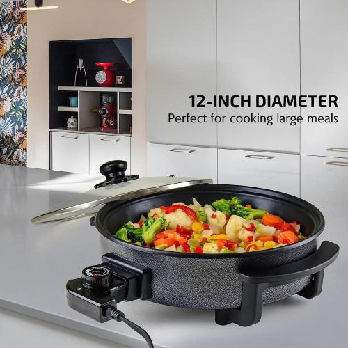 OVENTE 113 Sq. In. Black Electric Skillet with Nonstick Coating, Frying Pan with Tempered Glass Lid