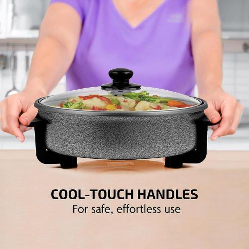OVENTE 113 Sq. In. Black Electric Skillet with Nonstick Coating, Frying Pan with Tempered Glass Lid