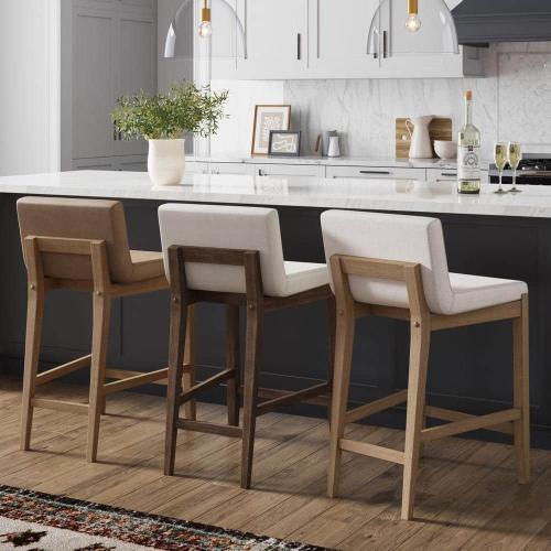 Size 34 Color brown Nathan James Gracie 34 in. Light Brown Wood Modern Counter Height Bar Stool with Back, Faux Leather Seat and Brushed Legs