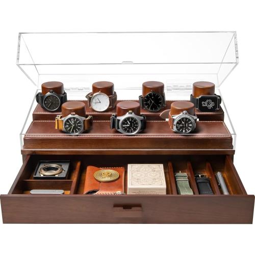 Elevate Your Watch Collection with The Collector Pro – Father's Day Gift for Dad – Premium Watch Display Case for 7 Watches – Huge Drawer – Wooden Mens Watch Box & Watch Case – Lifetime Assurance Walnut Collector Pro