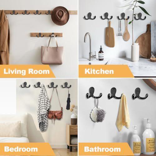 CBWLWJ 10 Pack Coat Hooks Wall Hooks for Hanging Heavy Duty Double Prong Metal Hook Wall Mounted for Living Room Bathroom Kitchen Bedroom for Coat Bag Scarf Towel Hat Key Cup (Black)