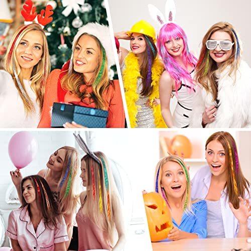 FEBSNOW 47 Inches Tinsel Hair Extension with Tool 2400 Strands 12 Mixed Colors Hair Extension Tinsel Kit Glitter Hair Extensions for Women Girls Hair Accessories for Christmas Halloween Cosplay Party