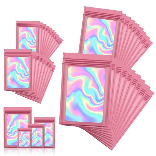 120 PCS Smell Proof Mylar Bags Resealable Odor Proof Bags Holographic Packaging Pouch Bag with Clear Window for Food Storage Eyelash Jewelry Candy Electronics Storage 4 Sizes (Black) (PINK)