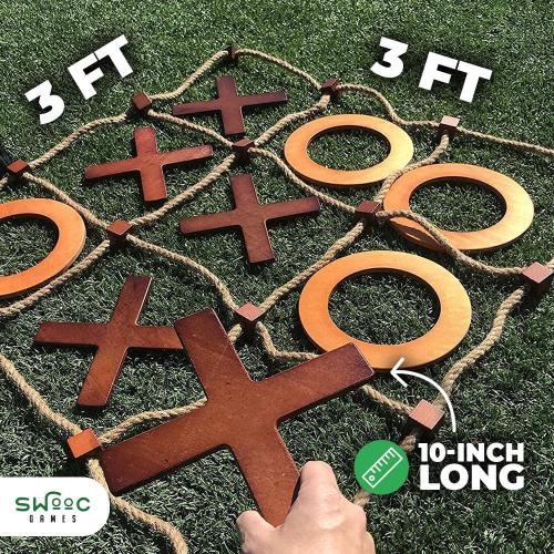 Giant Wooden Tic Tac Toe Game (All Weather) 3 ft. x 3 ft. Big Wood X and O Pieces with Rope Game Board