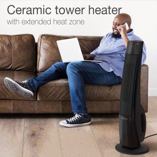 1500 W 29 Black Electric Indoor Tower Ceramic Space Heater with Extended Heat Zone, 2-Speeds, Timer, Remote for Home
