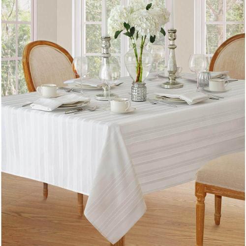 60 in. W x 102 in. L White Denley Stripe Damask Fabric Tablecloth