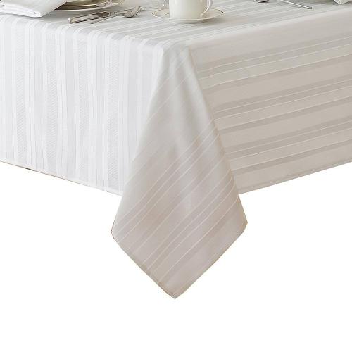 60 in. W x 102 in. L White Denley Stripe Damask Fabric Tablecloth