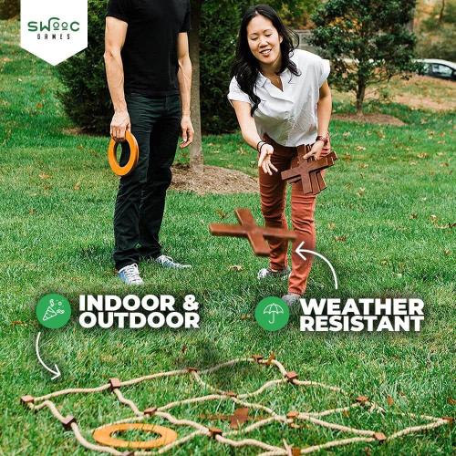 Giant Wooden Tic Tac Toe Game (All Weather) 3 ft. x 3 ft. Big Wood X and O Pieces with Rope Game Board