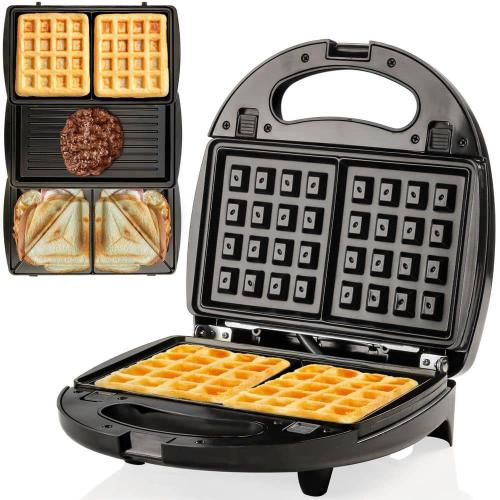 3-in-1 Electric Sandwich Maker Detachable Non-Stick Waffle and Plates, 750-Watts, LED Indicator Lights, GPI302 Black