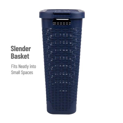 Mind Reader Basket Collection, Slim Laundry Hamper, 40 Liter (15kg/33lbs) Capacity, Attached Hinged Lid, Navy