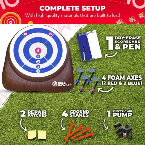 Bull Hawker : Giant Axe Darts (Over 6ft Tall) w/ 15  Games : Axe Throwing Game for Backyard w/ Air Pump : Carnival Games