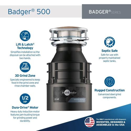 InSinkErator Badger 500, 1/2 HP Continuous Feed Kitchen Garbage Disposal, Badger Series