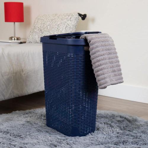 Mind Reader Basket Collection, Slim Laundry Hamper, 40 Liter (15kg/33lbs) Capacity, Attached Hinged Lid, Navy