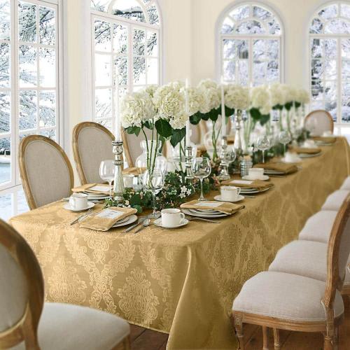 60 in. W x 84 in. L Oblong Gold Barcelona Damask Fabric Tablecloth