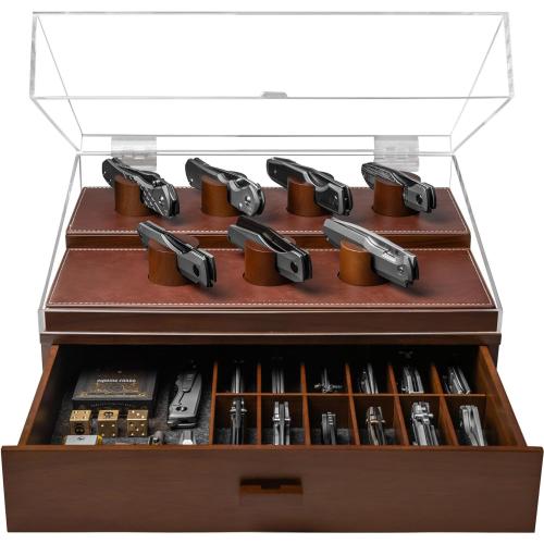 Display Your Knife Collection with The Armory Pro – Premium Pocket Knife Display Case for 20-30 Knives – Easy Access, Huge Drawer & Leather Lining – Wooden Pocket Knife Holder – Lifetime Assurance Walnut Armory Pro