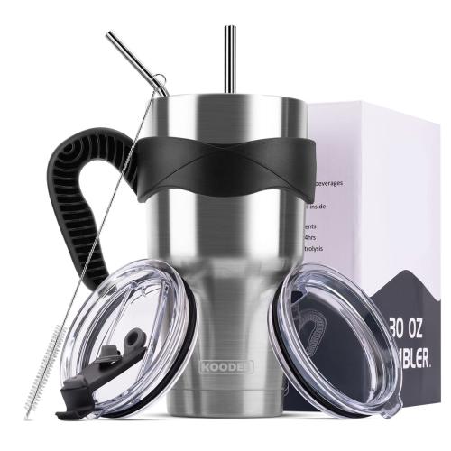 koodee 30 oz Tumbler with Handle Stainless Steel Double Wall Vacuum Insulated Tumbler Cup Coffee Travel Mug with Lid and Straw (30 oz Stainless Steel)