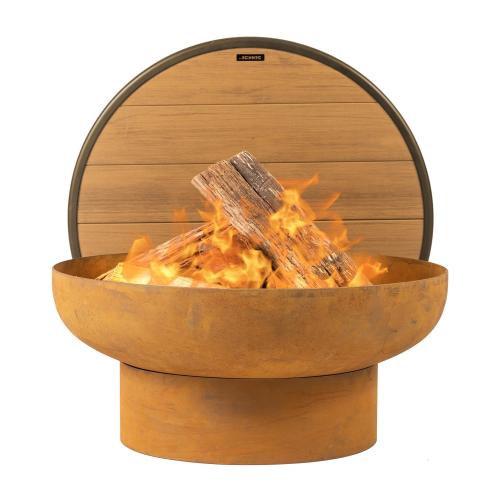 DENKOE Cast Iron Fire Pit Table with Lid Extra Thick and Heavy Duty Fire Bowl Deep Round Firepit for Outdoor Bonfire Gatherings Wood Burning Firepits for Outside Patio Modern Outdoor Fire Pits