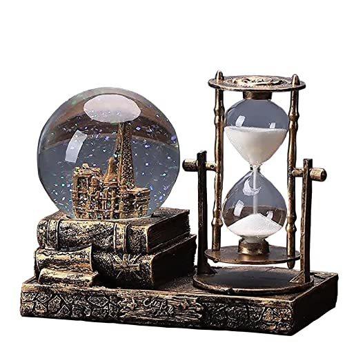 LED Music Snow Globe with Hourglass Vintage Castle Paris Eiffel Tower Home Decoration for Living Room Bedroom Book Shelf TV Cabinet Desk Table Top Decor Centerpieces Ornaments (A - Brass)