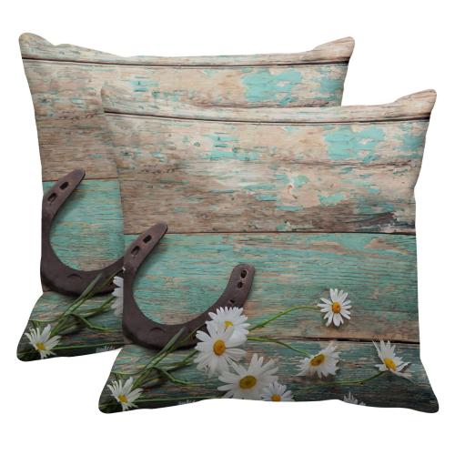 Emvency Throw Pillow Covers Rustic with Rusty Horseshoe and Daisies Old Wooden Boards Copy Space Top 18 x 18 Inch Square with Hidden Zipper Polyester Home Sofa Cushion Decorative Pillowcase