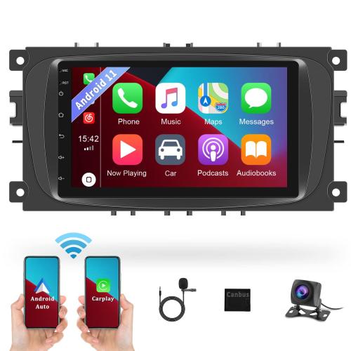Android 11 Car Stereo for Ford Focus C-Max S-Max Kuga Galaxy with Wireless Apple Carplay Android Auto 2+32G 7” HD Touchscreen Radio with GPS FM RDS WiFi SWC HiFi EQ Canbus + Backup Camera