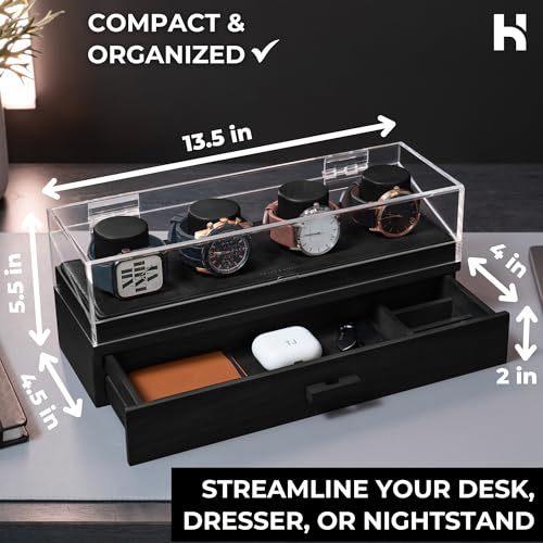 Holme & Hadfield Premium 4-Slot Wooden Watch Display Case – Handcrafted Men’s Watch Box with Accessory Drawer Hinged Cover Leather Lining – Valentine's Day Gift for Collectors – Luxury Built to Last