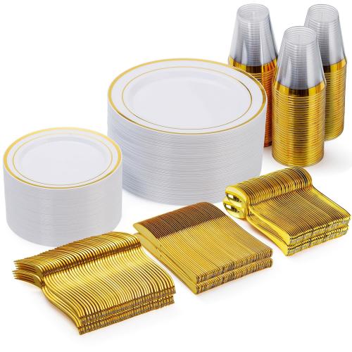 Goodluck 300 Pieces Gold Disposable Plates for 50 Guests Plastic Plates for Party Wedding Dinnerware Set of 50 Dinner Plates 50 Salad Plates 50 Spoons 50 Forks 50 Knives 50 Cups